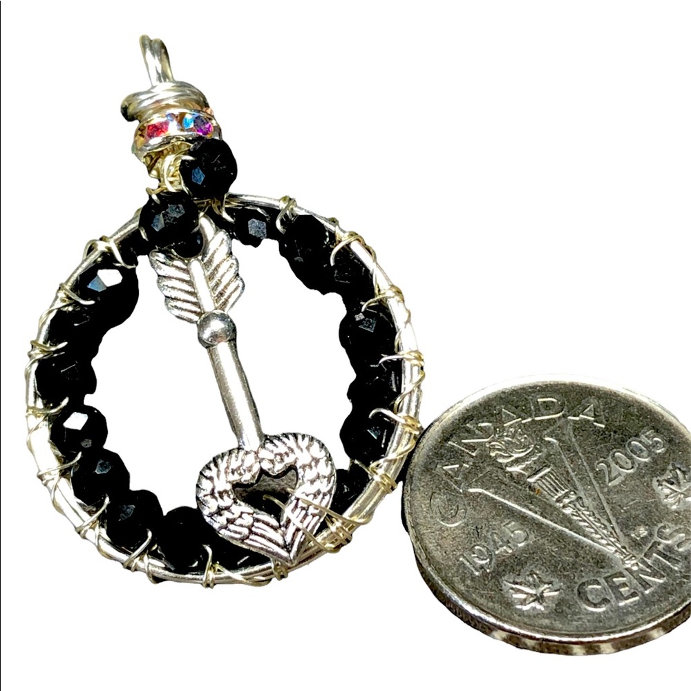 crystal arrow pendant in a wire frame with wire wrapping & Czech glass beads